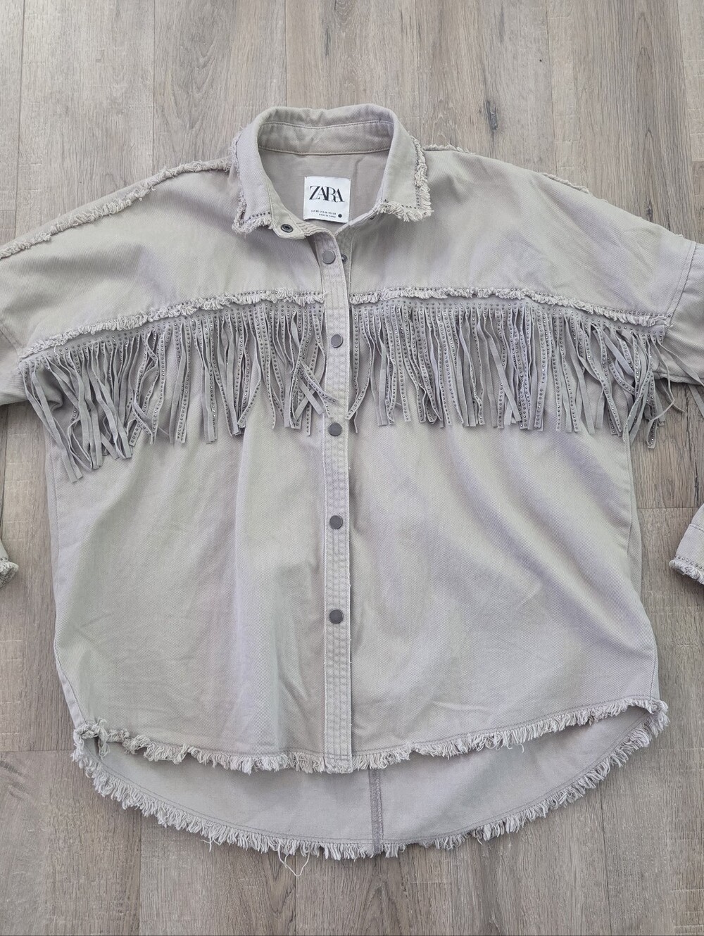 Zara Fringe Rhinestone Western Shirt Jacket Shacket Oversized Taupe Bling Med